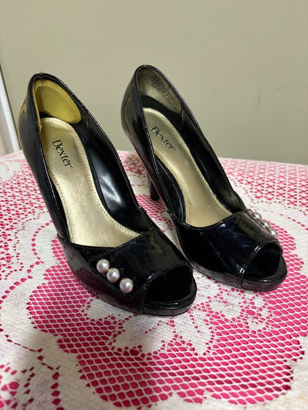 Dexter Black Patent Peep Toe Heels